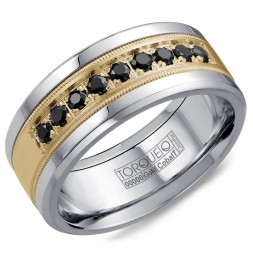 A Torque Ring In White Cobalt With A Yellow Gold Inlay And Nine Black Sapphires.