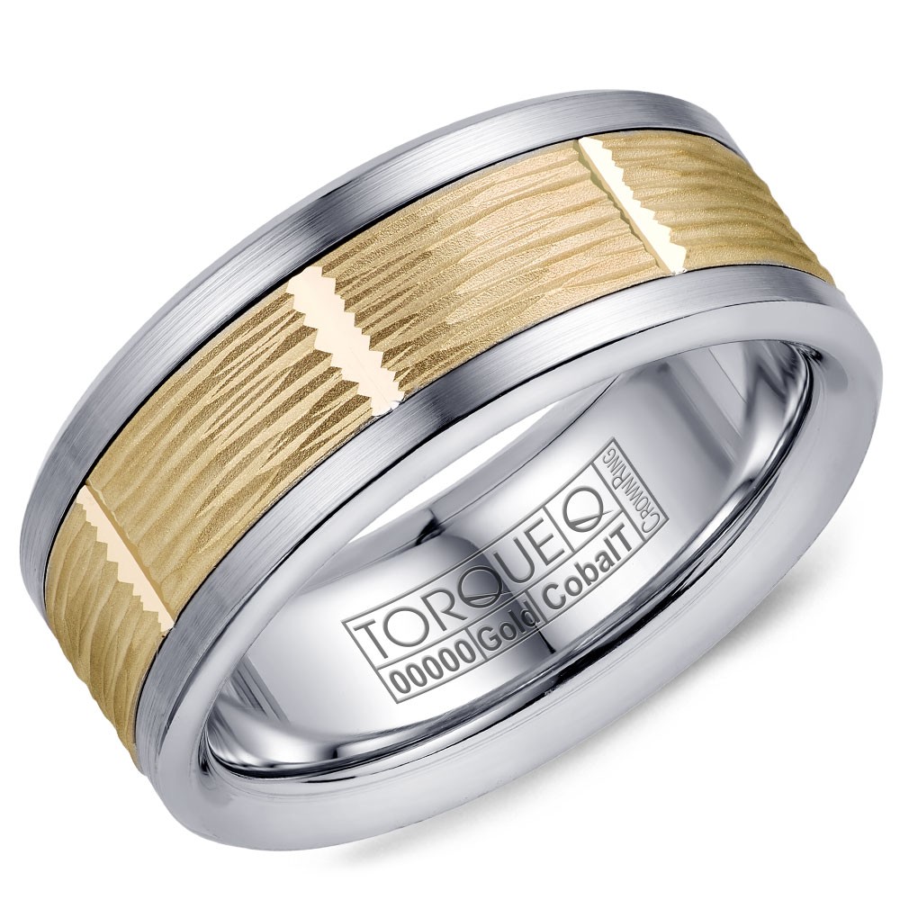 A Torque Ring In White Cobalt With A Carved Yellow Gold Center.