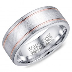 A Torque Ring In Diamond Brushed White Cobalt With Rose Gold Line Detailing.