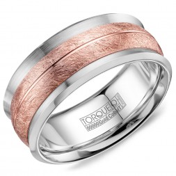 A Torque Ring In White Cobalt With A Brushed Rose Gold Inlay And Line Detailing.