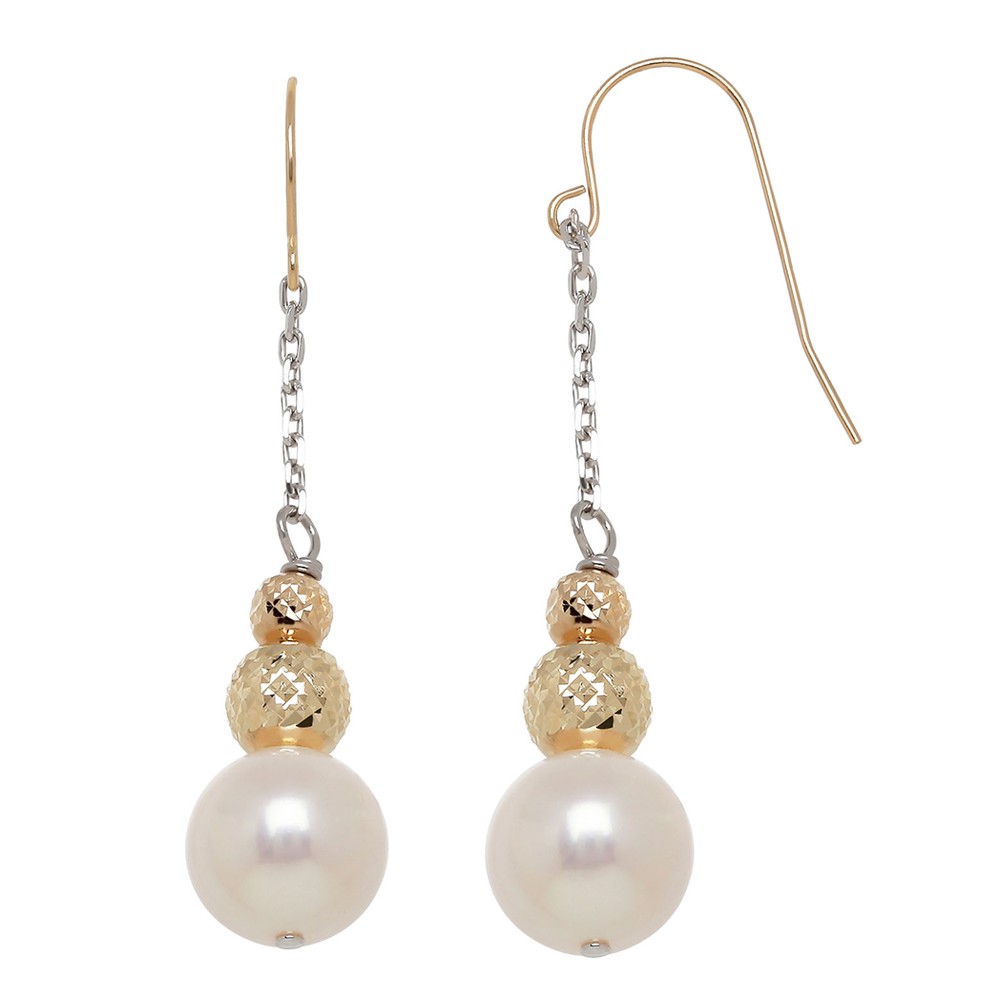 14KY Sterling Silver 9-10mm Freshwater Cultured Pearl with 4-6mm Gold Beads Drop Earrings