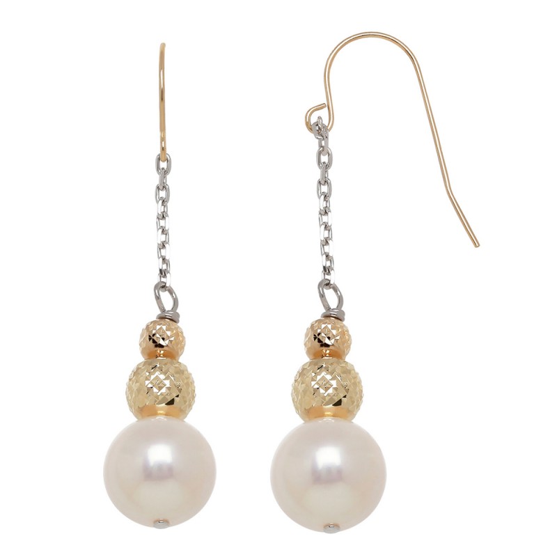 14KY Sterling Silver 9-10mm Freshwater Cultured Pearl with 4-6mm Gold Beads Drop Earrings
