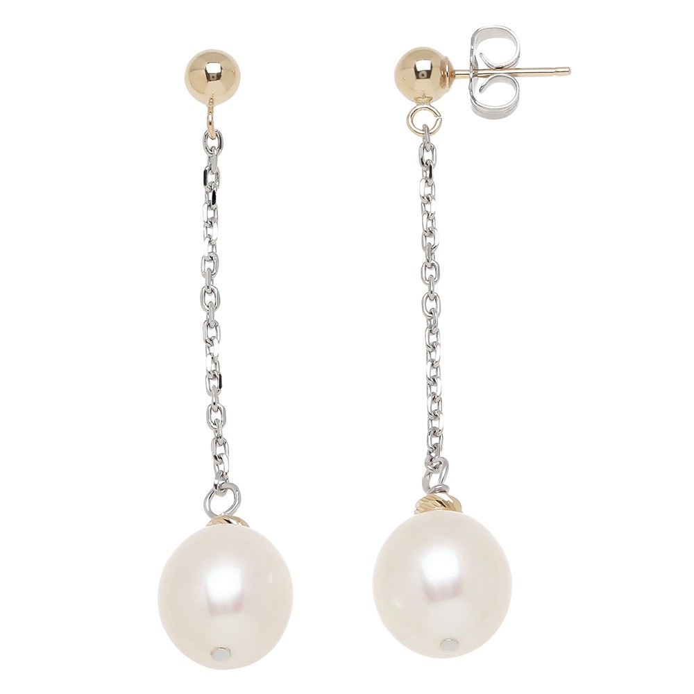 14KY Sterling Silver 9-9.5mm Freshwater Cultured Pearl with 4-6mm Gold Beads Drop Earrings