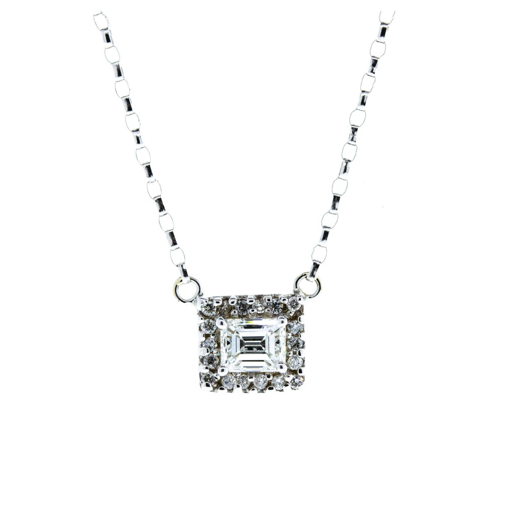Emerald Cut Diamond Halo Necklace (.75ctw)