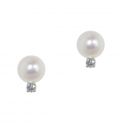14K Diamond & 7+MM White Freshwater Cultured Pearl Earrings