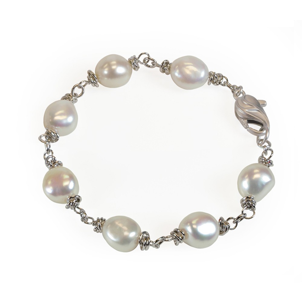 Sterling Silver 9-10MM White Baroque Freshwater Cultured Pearl 7.5
