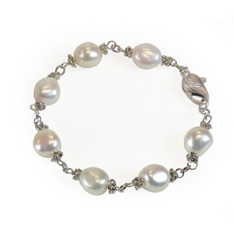 Sterling Silver 9-10MM White Baroque Freshwater Cultured Pearl 7.5
