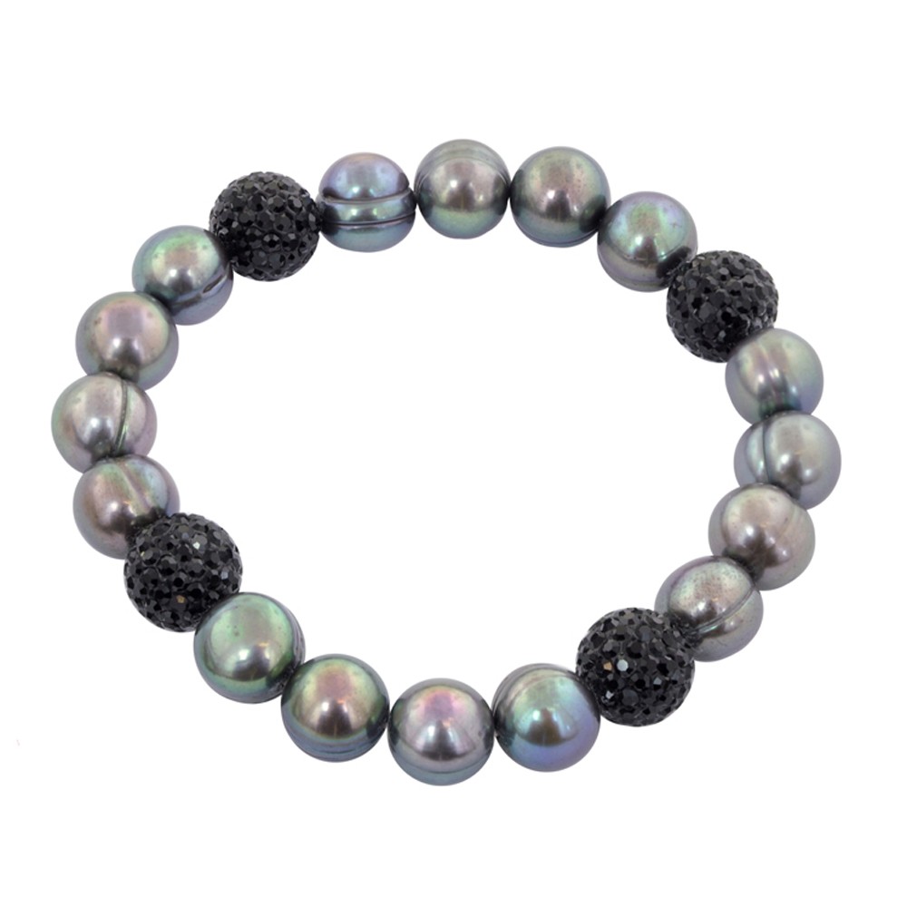 Sterling Silver 9-10mm Black Round Ringed Freshwater Cultured Pearl and 10mm Pave Crystal Bead 7.25