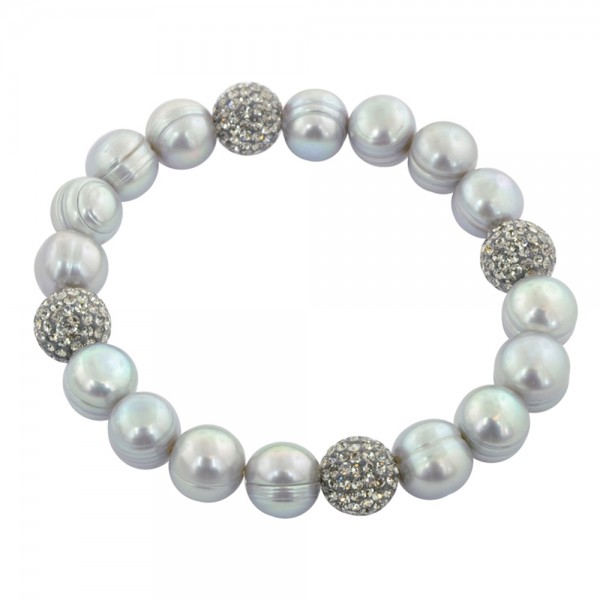 Sterling Silver 9-10mm Gray Round Ringed Freshwater Cultured Pearl and 10mm Pave Crystal Bead 7.25