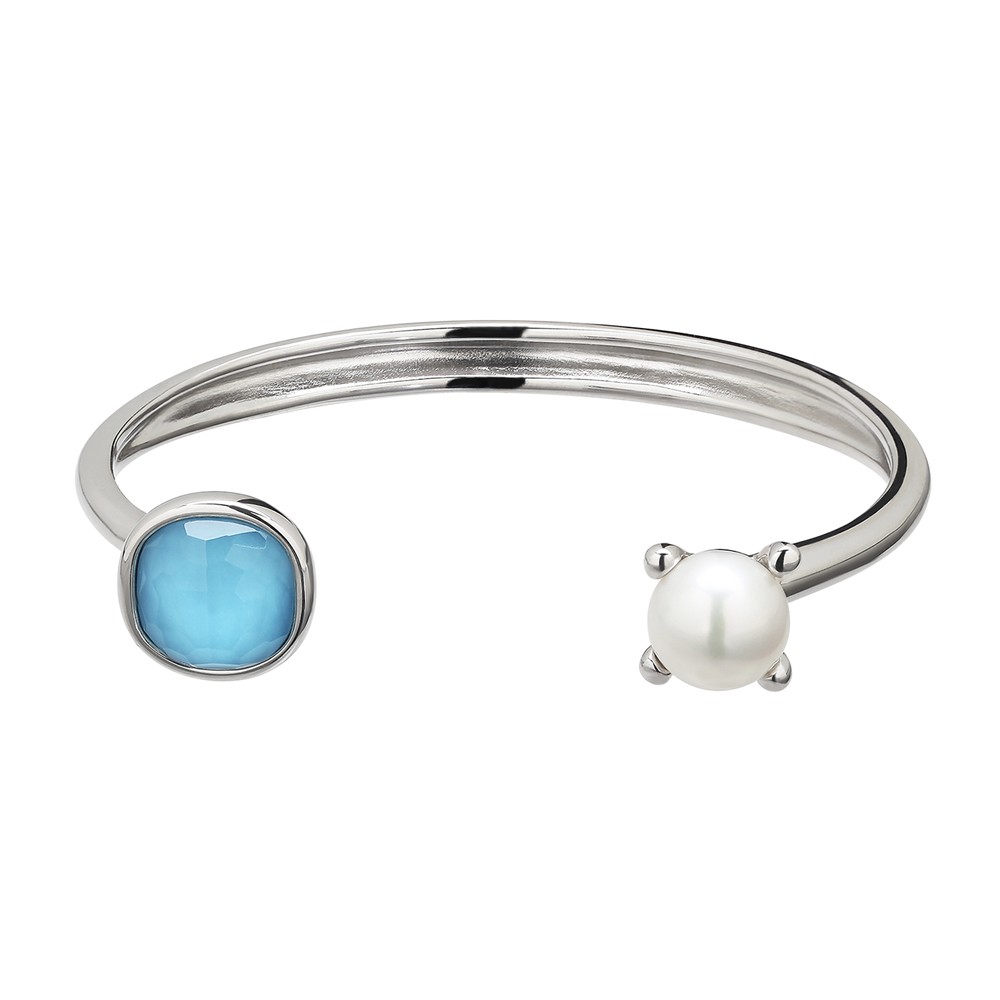 Sterling Silver 10-10.5mm Button Freshwater Cultured Pearl Turquoise Crystal Doublet Bangle Bracelet