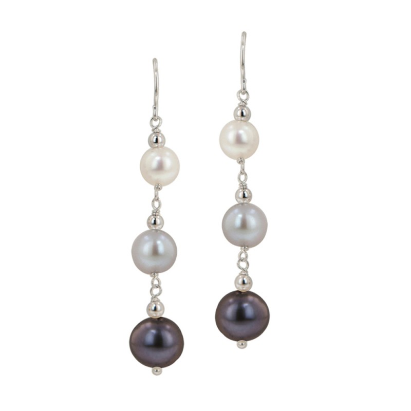 Sterling Silver 6-9MM Black, White and Gray Potato Freshwater Cultured Pearl Dangle Earrings