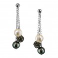 Sterling Silver 8-9mm Round Ringed Black Fresh Water Cultured Pearl and Pave Crystal Bead Back Drop Earring