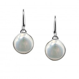 Sterling Silver 15-16mm White Baroque Coin Freshwater Cultured Pearl Dangle Earrings