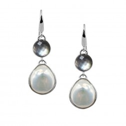 Sterling Silver 15-16mm White Baroque Coin Freshwater Cultured Pearl with Black Mother of Pearl Dangle Earring