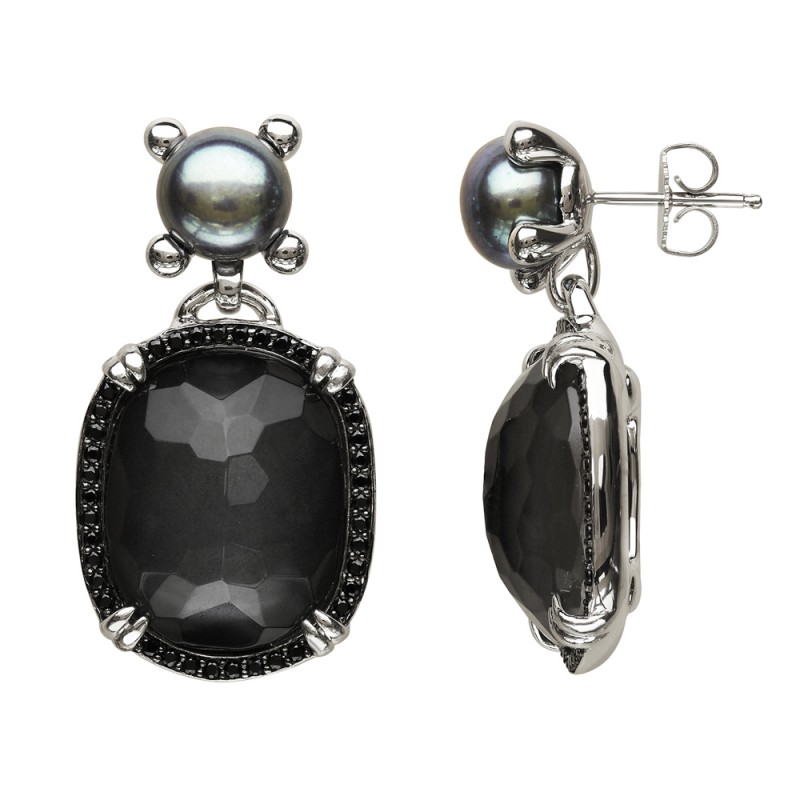 Sterling Silver Crystal and Hematite with Black Spinel and 8.5-9mm Black Button FWCP Earrings