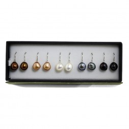 Sterling Silver Set of Five 9-10mm Chocolate, Mocha, White, Black, Jet Baroque Freshwater Cultured Pearl Dangle Earrings