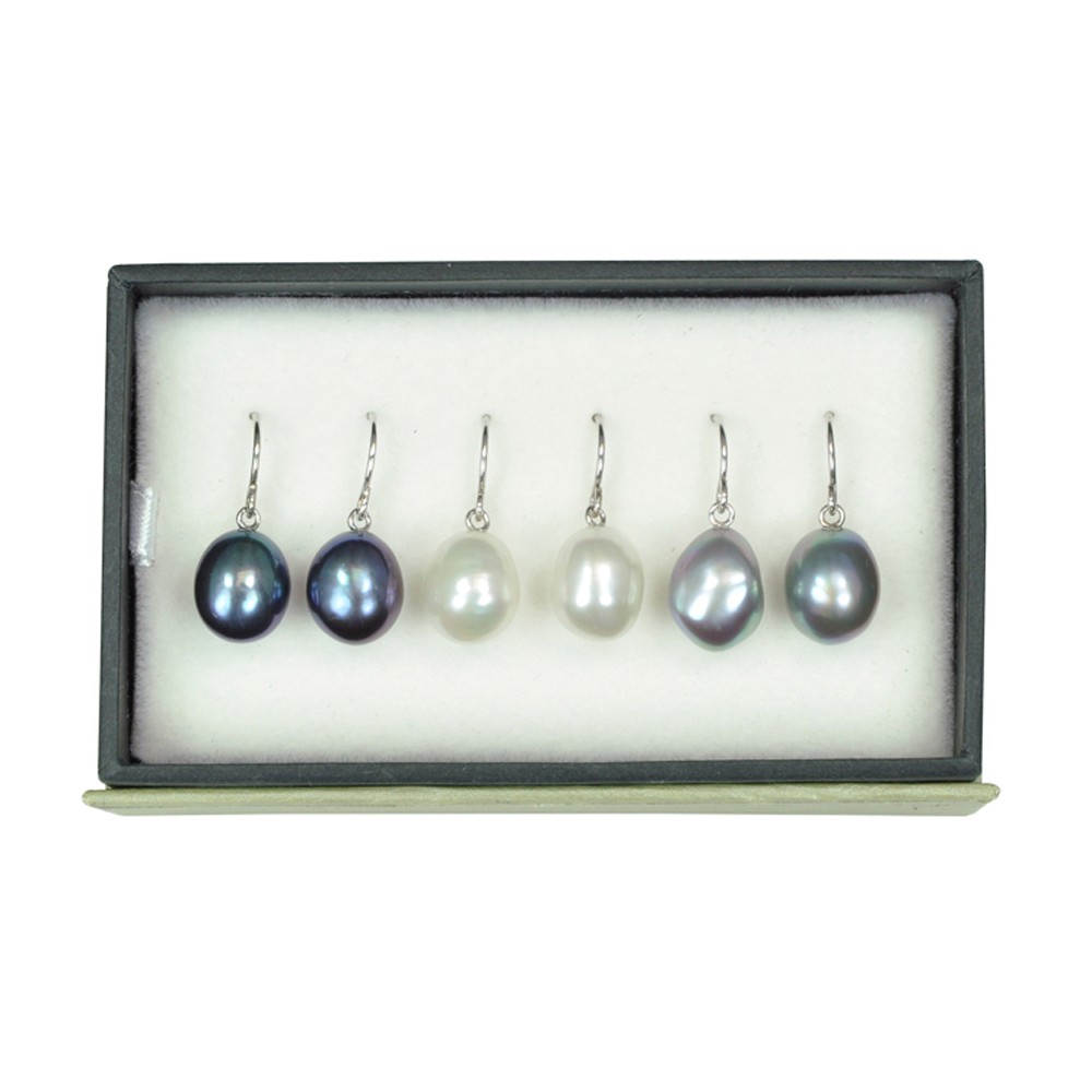 Set of 3 Sterling Silver 9-10MM Black, White and Gray Freshwater Cultured Pearl Drop Earrings