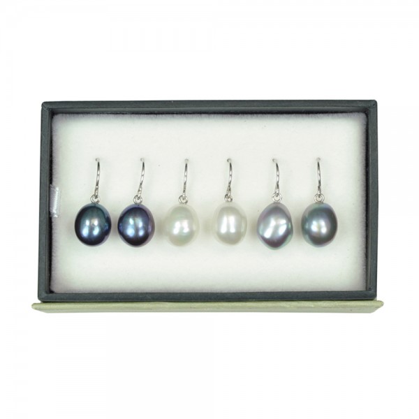Set of 3 Sterling Silver 9-10MM Black, White and Gray Freshwater Cultured Pearl Drop Earrings