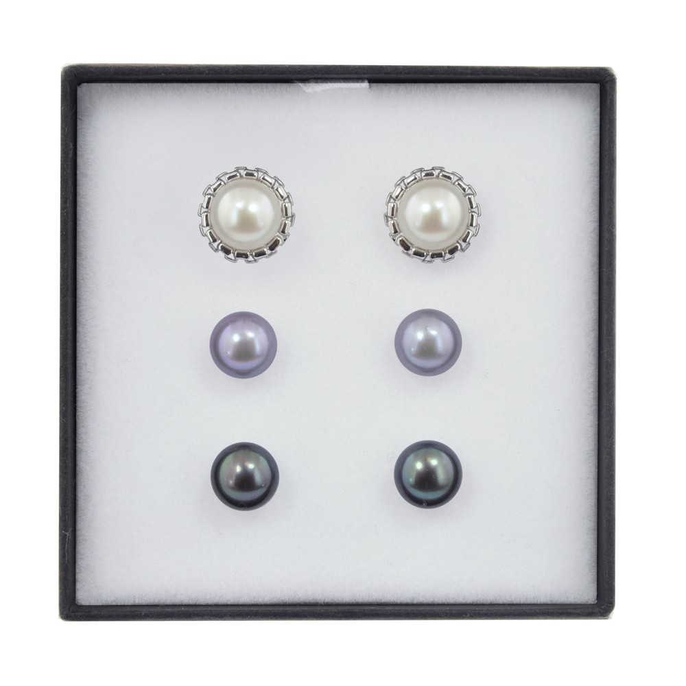 Box Set of Three Sterling Silver 9MM Black, White and Gray Button Freshwater Cultured Pearl Studs with Earring Jacket