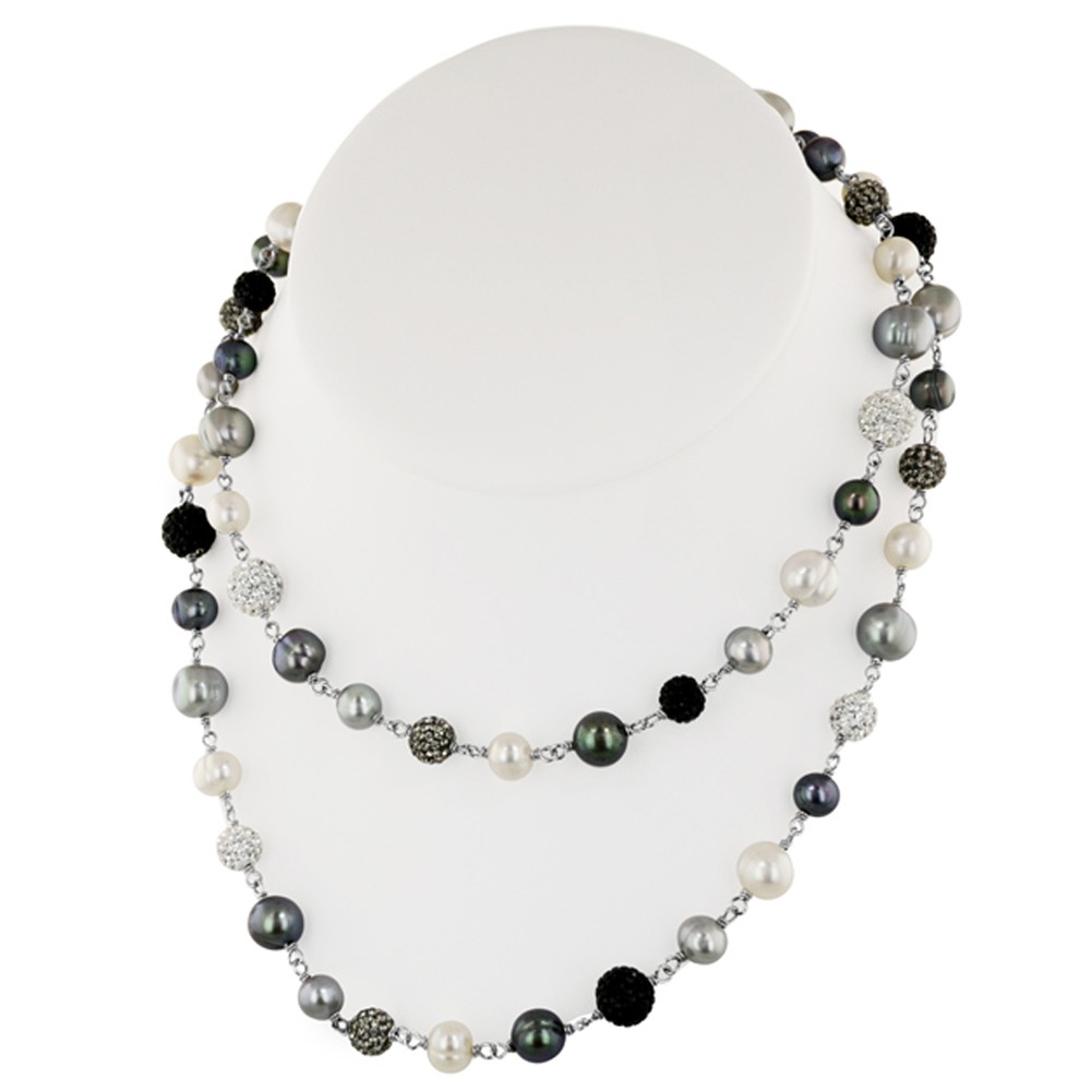 Sterling Silver 7-10mm Round Ringed Black, White, and Grey Fresh Water Cultured Pearl and Pave Crystal Bead Necklace, 36