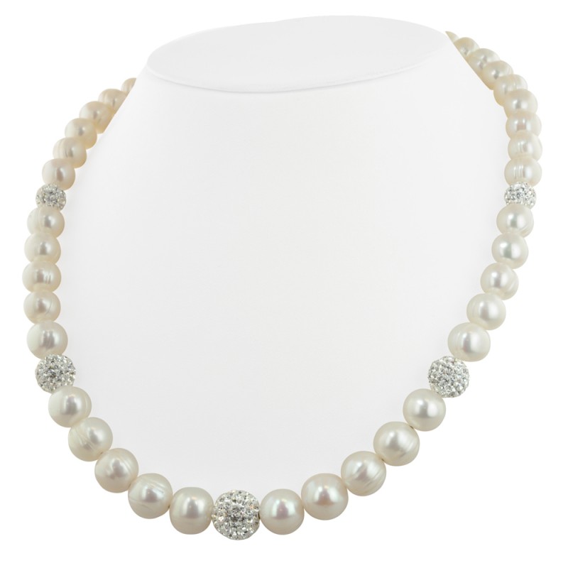 Sterling Silver 8-12mm White Ringed Freshwater Cultured Pearl with Pave Crystal Beads 18