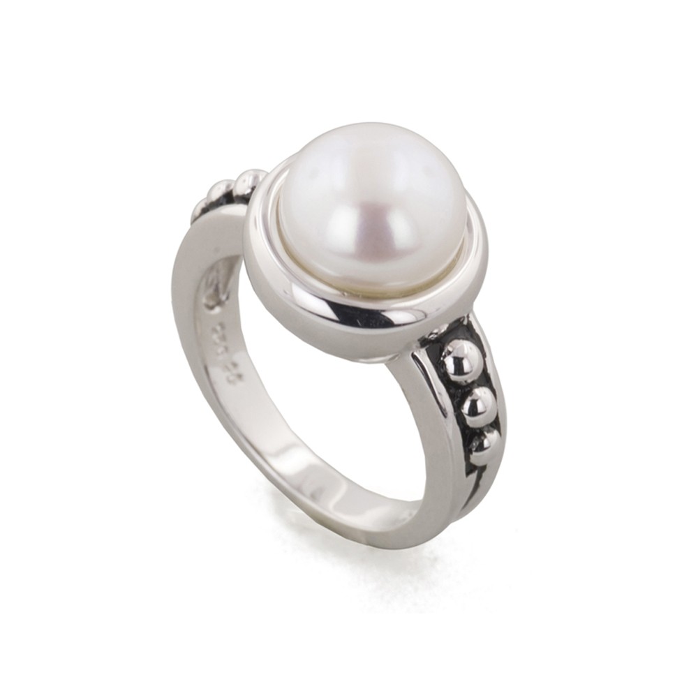 Sterling Silver 9.5-10MM White Freshwater Cultured Pearl Button Pallini Ring