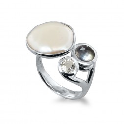 Sterling Silver 15-16mm White Baroque Coin Freshwater Cultured Pearl with Black Mother of Pearl and White Topaz Ring