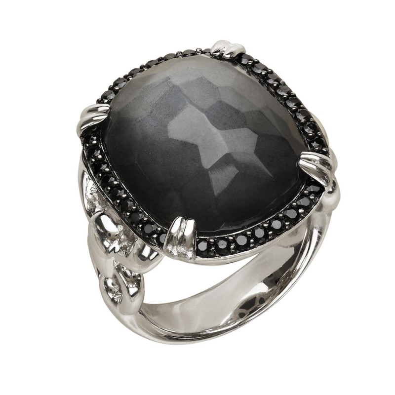 Sterling Silver Crystal and Hematite Doublet with Black Spinel Ring