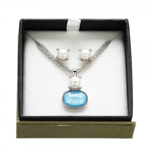 Box Set of Sterling Silver 7-7.5mm Button Freshwater Cultured Pearl Turquoise Doublet Pendant and Studs