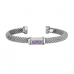 Silver Popcorn Cuff Bangle With Diamonds And Baguette Amethyst