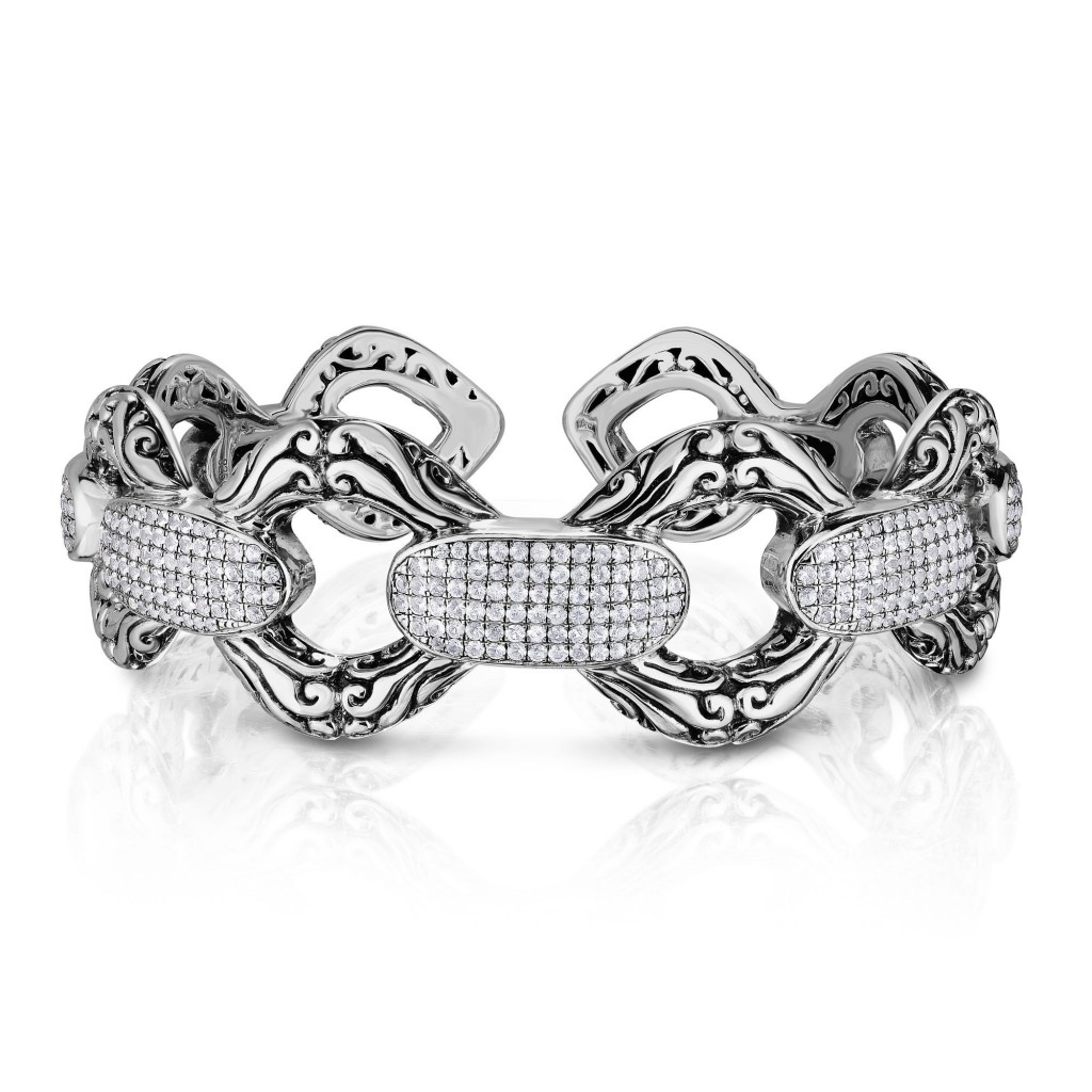 Silver 24Mm Byzantine Link Cuff  Bangle With White  Sapphires