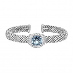 Silver Popcorn Cuff Bracelet  With Diamonds And Cushion Cut Blue Topaz