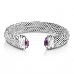 Sterling Silver Bold 12Mm Popcorn Cuff Bracelet With Faceted Amethyst