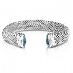 Sterling Silver Bold 12Mm Popcorn Cuff Bracelet With Faceted Blue Topaz