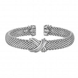 Silver And 18Kt Gold Popcorn Mesh Sculpted X Cuff Bracelet With Diamonds