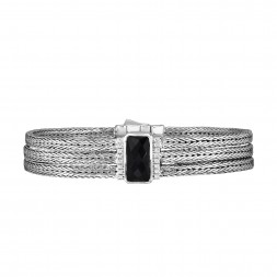 Silver Large 16Mm Woven Three-Strand Bracelet With Black Onyx And White Sapphire