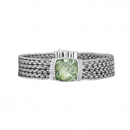 Silver Large 16Mm Woven Bracelet With Cushion Cut Green Amethyst And White Sapphires