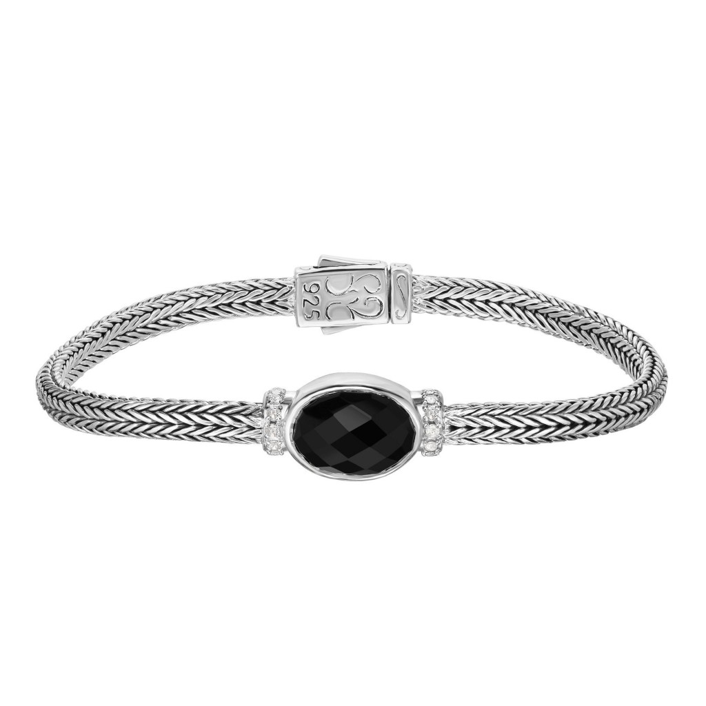 Silver 10X14Mm Woven Bracelet  Black Onyx And White Sapphires