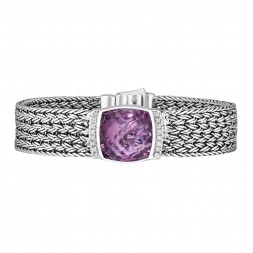 Silver Large 16Mm Woven Bracelet With Cushion Cut Pink Amethyst And White Sapphires