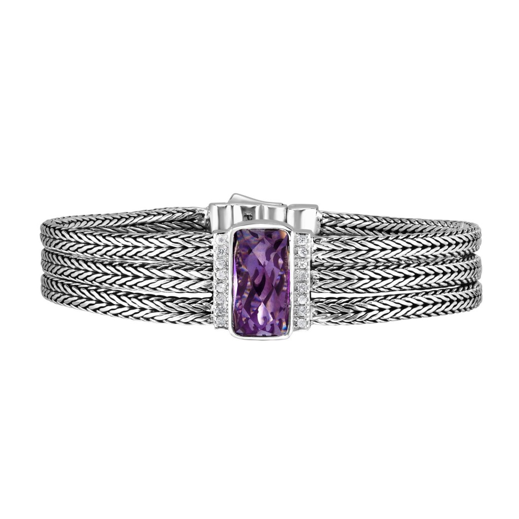 Silver Large 16Mm Woven Three-Strand Bracelet With Pink Amethyst And White Sapphires