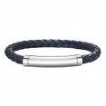 Silver With Rhodium Finish Woven Blue Leather Bracelet With Large Magnetic Clasp And  Blue Sapphire