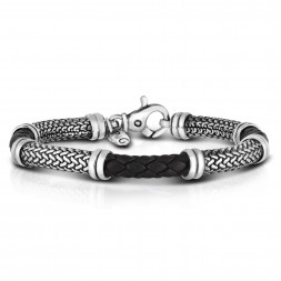 Men'S Tuscan Woven Sterling Silver And Black Leather Bracelet