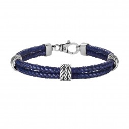 Silver Textured 2-Strand Woven Blue Leather Bracelet With Lobster Clasp