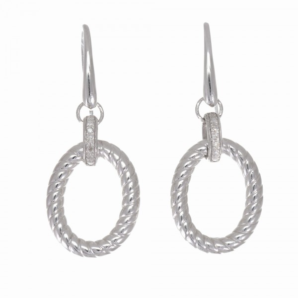 Silver With Rhodium Finish Italian Cable Large Oval Link  Drop Earrings With Euro Wire Clasp And Diamonds