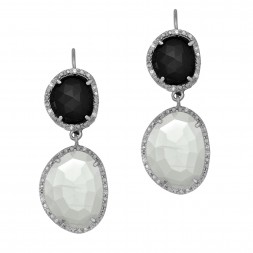 Silver Double Drop Leverback Earrings With Black Onyx, Moonstone  And Diamonds