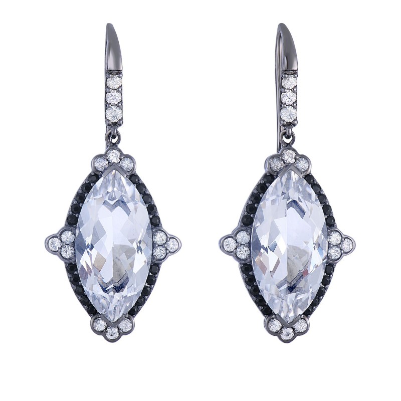 Silver Gem Candy Marquis Drop Earrings With Rock Crystal Quartz, Black And White Sapphire