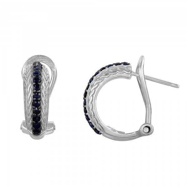 Silver Woven Earrings With Black  Sapphire With Lever Back Clasp