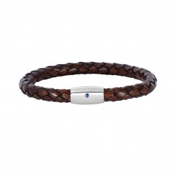 Silver With Rhodium Finish Woven Brown Leather Bracelet With Small Magnetic Clasp And  Blue Sapphire
