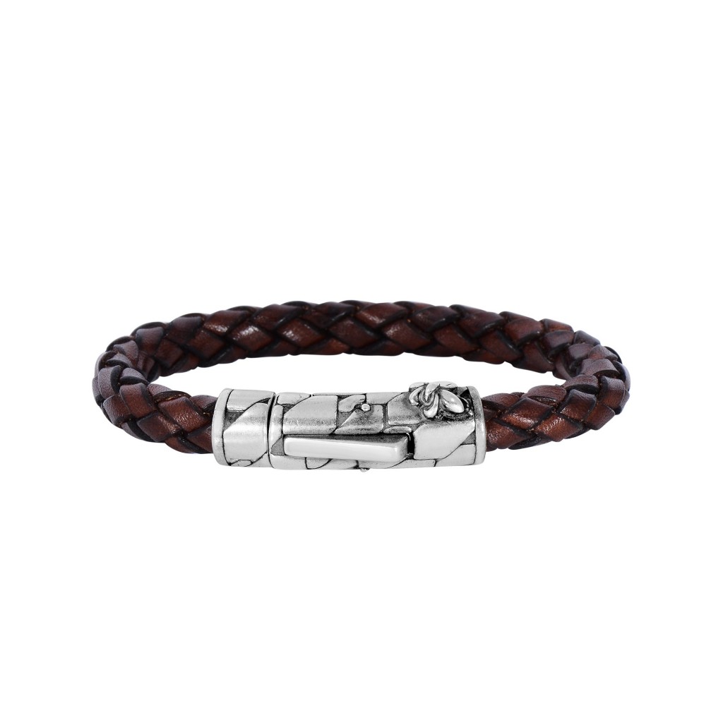 Silver With Rhodium Finish 8Mm Textured Woven Brown Woven Leather Bracelet With Large  Fleur De Lis Clasp