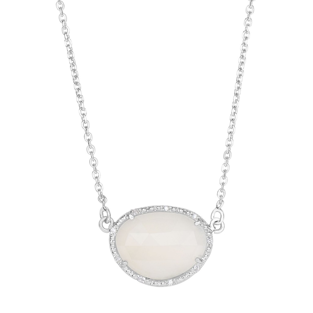 Silver Oval Diamonds Sideways Pendant With Large Moonstone On 17 In Chain